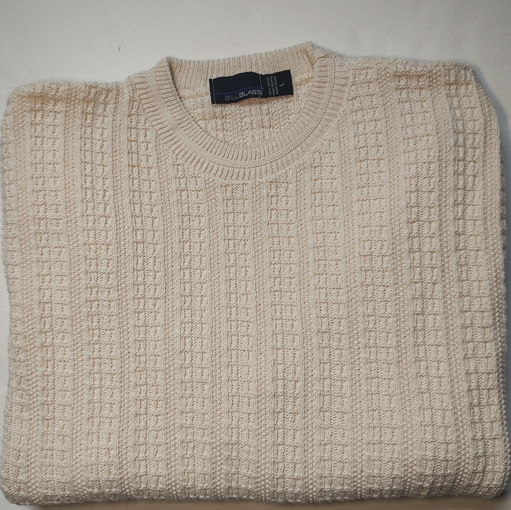 Bill Blass Vintage Sweater Men Cotton Cream Pullover Knit Crew Neck USA Ivory L - Picture 6 of 16